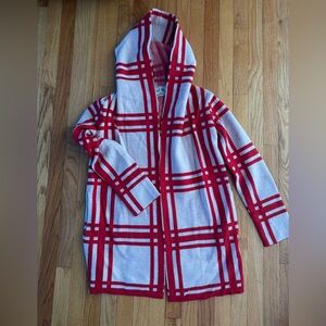 Red and White Plaid Hooded Cardigan